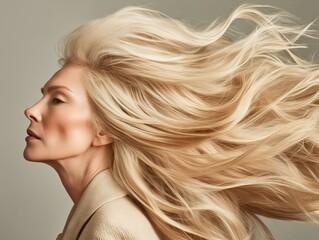 A woman with long blonde hair blowing in the wind