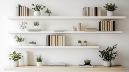 Close-Up  Zoom Virtual Background. Cozy Minimalist Home Decor Shelves Displaying Houseplants and Books. Cozy Interior Backdrop, Living Room Background, Virtual Meetings