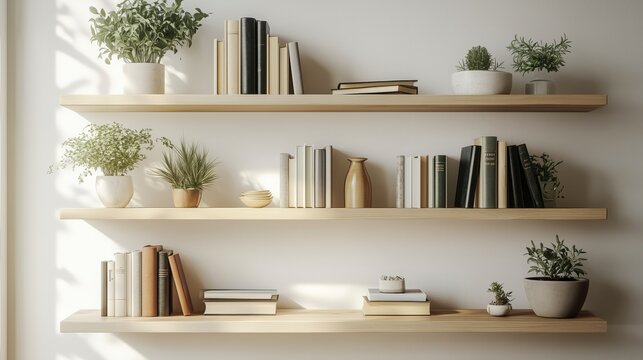 Close-Up  Zoom Virtual Background. Cozy Minimalist Home Decor Shelves Displaying Houseplants and Books. Cozy Interior Backdrop, Living Room Background, Virtual Meetings