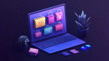 Modern e-commerce interface with shopping icons on laptop screen