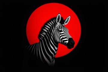 Image of an African zebra against a red sun. Black background