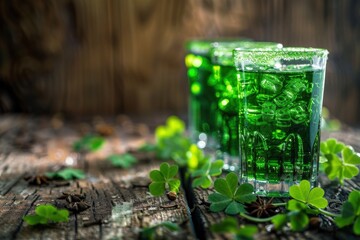 Green Alcoholic Beverages with Shamrocks and Anise Stars on a Rustic Wooden Surface