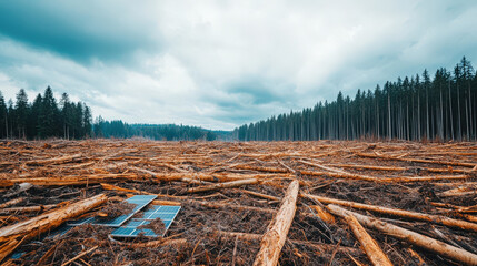 Clear cut forest with solar panels, symbolizing renewable energy and sustainability. contrast between deforestation and clean energy highlights environmental concerns