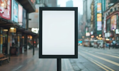 A blank advertising billboard stands on a bustling city street, surrounded by shops and illuminated signs, showcasing an urban atmosphere.