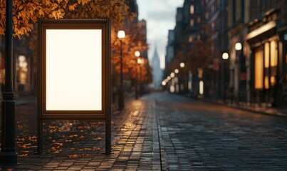 A serene, empty street at dusk, lined with autumn trees and streetlights, featuring a blank advertising board awaiting content.