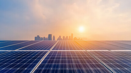Solar panels reflecting sunlight with urban skyline in background, creating serene yet industrial atmosphere. scene captures blend of technology and nature