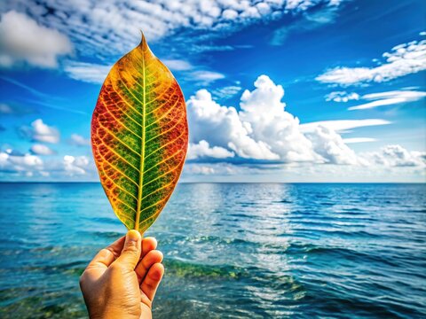 Ceriops Tagal Leaf, Hand, Sea, Sky - Nature Photography