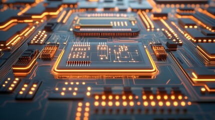 Obraz premium Close up view of a circuit board Subtle Blur Background with Space for Custom Text