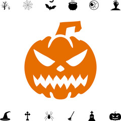 Horror and scary halloween faces silhouette icon, Pumpkin, emoji and tattoo ghost smile spooky jack evil mouth eyes scary silhouette illustration 