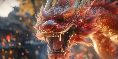 Vibrant Dragon Head in Lunar New Year Parade with Festive Urban Setting