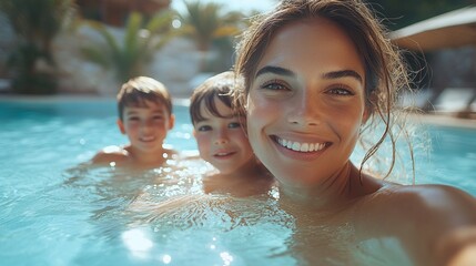 Portrait of a woman enjoying their vacation with her sons in a hotel with a swimming pool