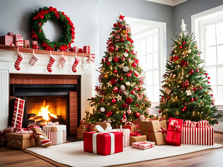 Festive living room with decorated Christmas trees, gifts, and cozy fireplaces.