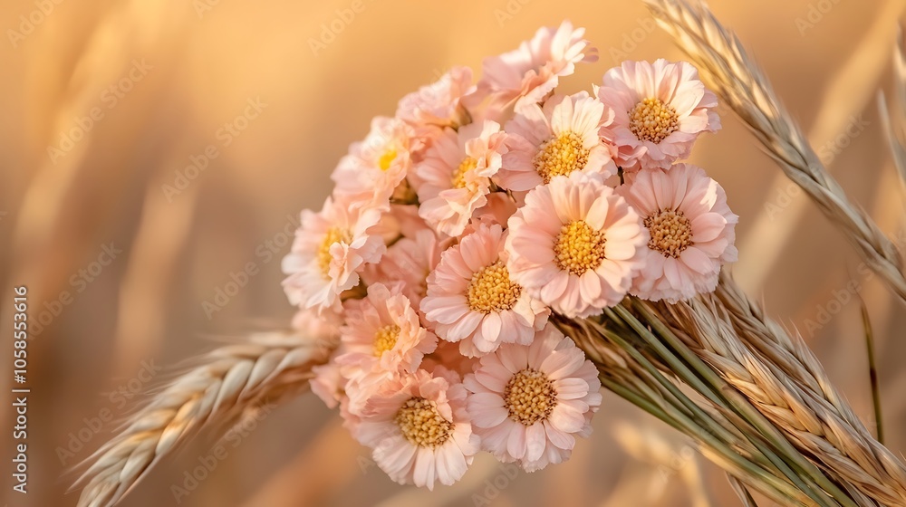Poster pink flowers in a field subtle blur background with space for custom text