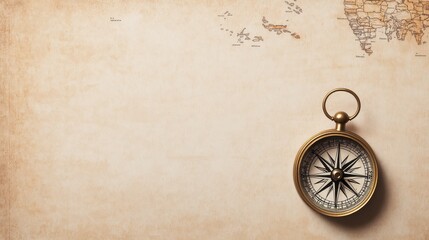Vintage compass on an old map background, symbolizing exploration and adventure in a historical geographical context.