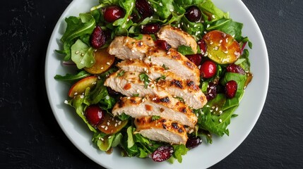 Indulgent homemade Asian chicken cranberry salad captured from a top view showcasing vibrant ingredients and flavors on a luxury serving plate