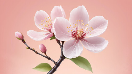 Fototapeta premium An artistic composition featuring two cherry blossoms with delicate petals and leaves, layered over a pastel pink background that softly blends with the floral elements.