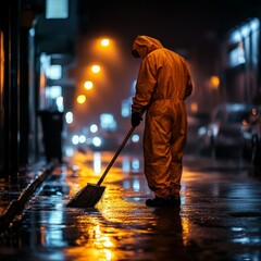 Fototapeta premium Worker Cleaning City Roads at Night in Orange Uniform