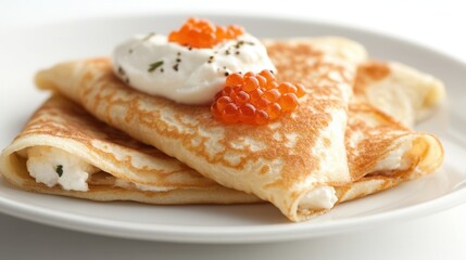 Delicious red caviar on crepes topped with cream cheese served on a white plate against a smooth background, food background, banner