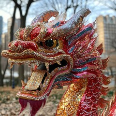 Fototapeta premium Vibrant Lunar New Year dragon parade with festive decorations in urban setting