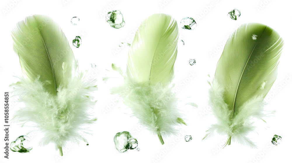 Poster elegant green feathers softly arranged on a transparent background generative ai