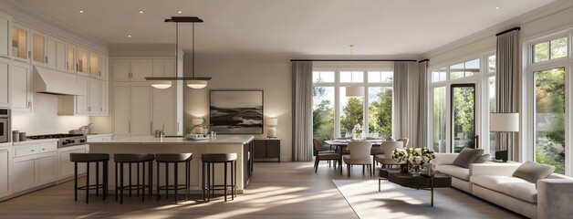 Interior of a modern white kitchen with an attached living room with countertop, chairs, couch and table