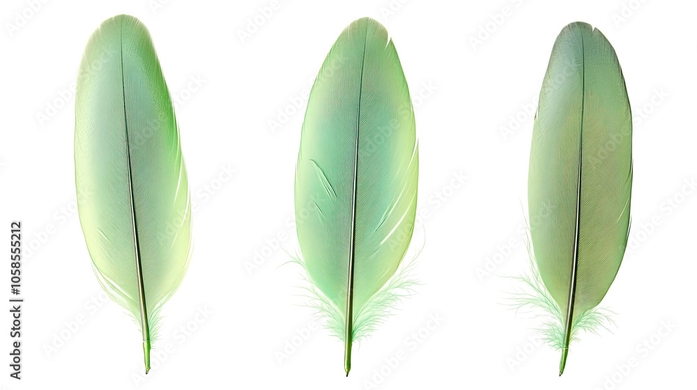Aufkleber collection of green feathers arranged on a transparent background generative ai