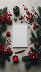 Blank Holiday Card Surrounded by Winter Foliage and Red Berries