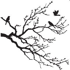 Naklejka premium Dry tree branch silhouette with birds