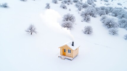 Fototapeta premium A charming small cabin nestled in a snowy landscape, smoke gently billowing from the chimney, creating a cozy winter vibe. The surrounding snow and trees provide a clear area for textual content,
