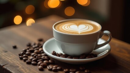 Obraz premium A beautifully crafted latte with heart-shaped foam sits on a wooden table surrounded by coffee beans and warm ambient lights