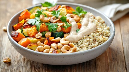 A close-up shot of a beautifully plated quinoa bowl topped with roasted vegetables, nuts, and a drizzle of tahini sauce. The background features a warm, natural wood surface, creating an inviting