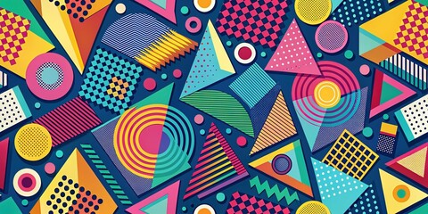 Colorful Memphis-inspired vector background showcasing lively geometric patterns and bold shapes, delivering a vibrant mix of colors ideal for contemporary artistic expressions and designs.