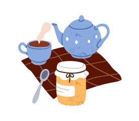 Tea time with cup, pot and honey jar. Teapot, mug and homemade jam. Warm relaxing soothing beverage. Hot drink, cozy hygge morning composition. Flat vector illustration isolated on white background