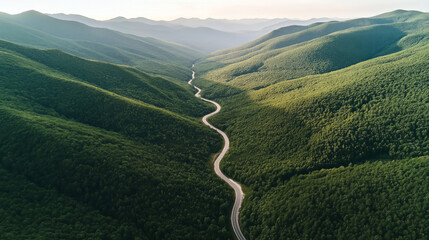 Aerial view of a winding road cutting through a vast mountain range covered with dense green forest under a clear sky at sunset.