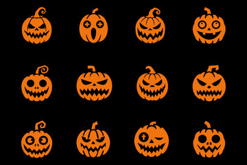 Horror and scary halloween faces silhouette icon, Pumpkin, emoji and tattoo ghost smile spooky jack evil mouth eyes scary silhouette illustration .
