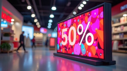 Bright digital sale sign displaying 50% discount in a modern retail store during a busy shopping day