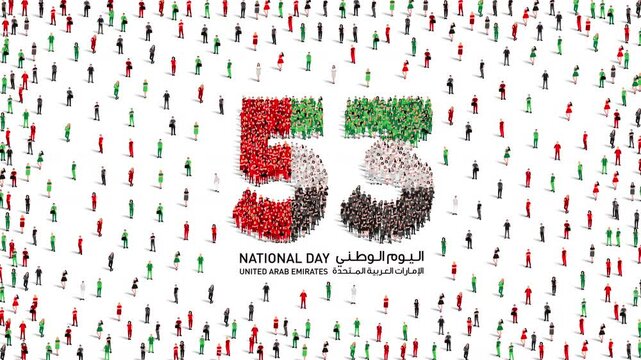 December 2 United Arab Emirates  National Day Design. A large group of people forms to create the number 53 as UAE celebrates its 53rd National Day on the 2nd of December.