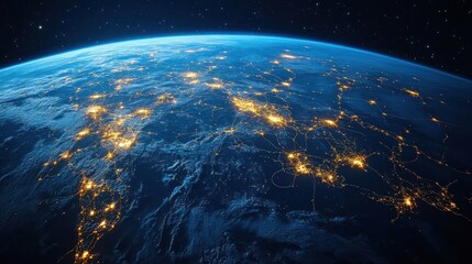Fototapeta premium A view of Earth at night, highlighting city lights and geography.