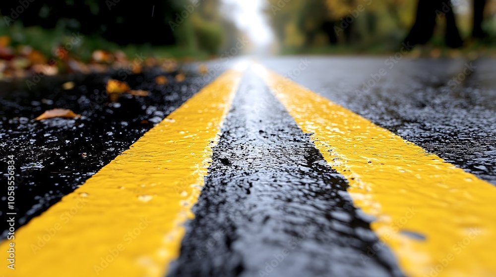 Poster yellow lines on wet asphalt road blank background with copy space for design projects