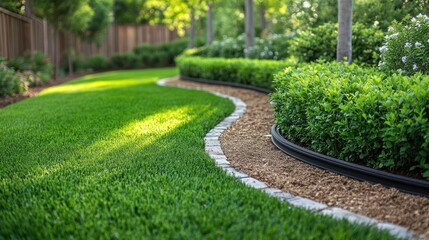 Obraz premium Lush garden with curved pathways and vibrant greenery.