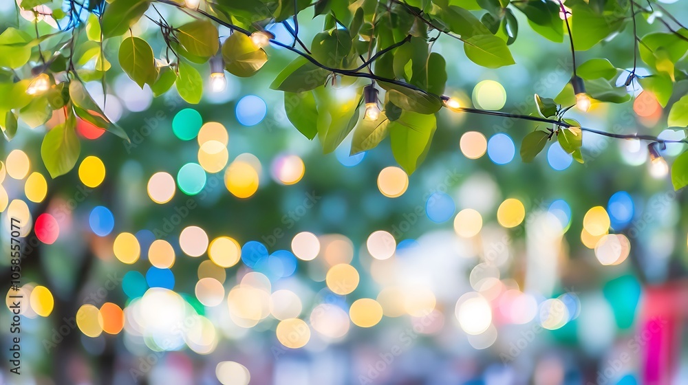 Poster string lights on tree branches over blurry festive background light gradient background with room fo