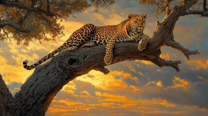 Obraz premium Leopard Resting on a Branch at Sunset