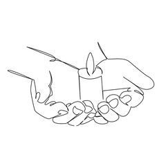 One continuous single drawing line art flat doodle candle, hand, flame, palm, religion, holding, light, fire, hope, burning. Isolated image hand draw contour on a white background