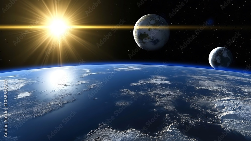 Poster earth from space with sun and moons blank background with copy space for design projects