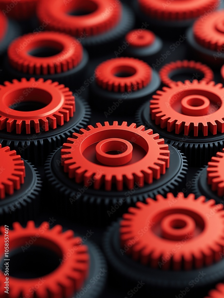 Poster a vibrant close-up of interlocking red gears against a dark background, showcasing intricate mechani