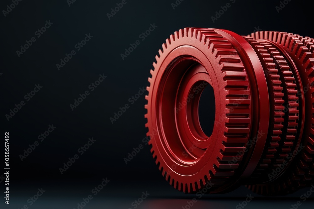 Poster a striking image of interlocking red gears, showcasing intricate mechanical design against a dark ba