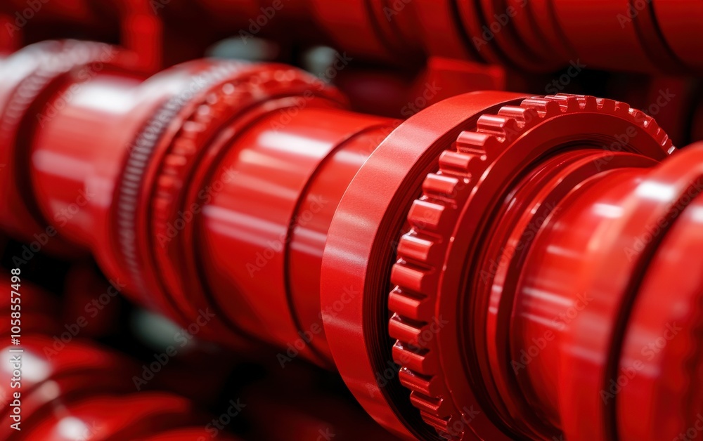 Poster close-up view of interlocking red machinery components, showcasing precision engineering and a robus