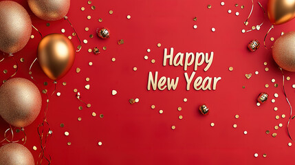 red "happy new year" background with golden balloons and confettis