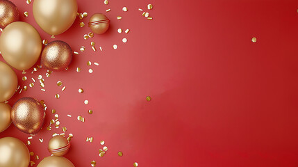 red background with golden balloons and confettis