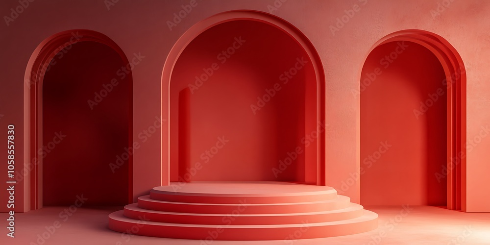 Poster red archway product display light gradient background with room for typography